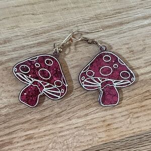 Glitter Mushroom Dangle Earrings - Fuchsia Pink